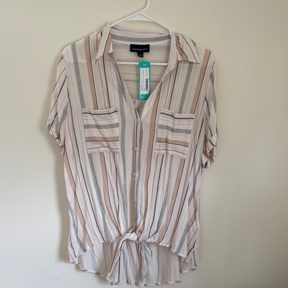 Fortune+Ivy from stitch fix Woman’s Striped Button-Down Blouse - Beige and Gray